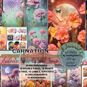 Junk Journal Suppli Digit Junkjournaling Flower Pages Scrapbook Aesthetics Digital Birth Month Printable Birthflower Birthmonth Carnation