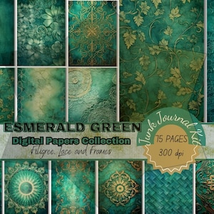 Junk Journal Kit Bundle 75 Esmerald Green Digital Papers in Watercolor Vintage Textures. Mixed Media Scrapbook Pages, Embellishments, Lace