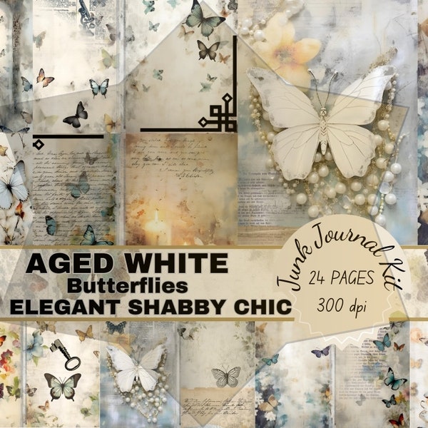 Junkjournal Pages Kit Digital Download Printful Giftul Papers Vintage Ephemera Junkjournaling Elegant Shabby Chic Aged White Butterflies