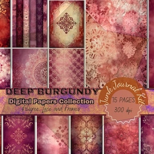 Junk Journal Kit Bundle 75 Deep Burgundy Digital Papers in Watercolor Vintage Textures. Mixed Media Scrapbook Pages, Embellishments, Lace