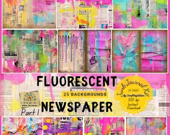 Fluorescent Newspaper Backgrounds, 25 Double Pages, Neon Mixed Media Newspaper Design for Junk Journals & Scrapbooks