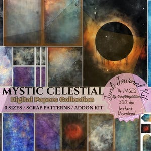 Lunar Celestial Mystic Moonlight Digital Papers Mysterious Celestial Junk Journal Backgrounds Starry-Dreamy Dark Aesthetic Scrapbook Kit
