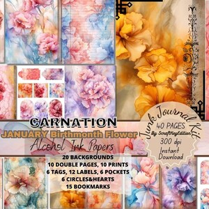 Junkjournaling Flower Kit Pages Alcohol Ink Paper Digital Birth Month Printable Birthflower Birthmonth Junk Journal Suppli Digit Carnation