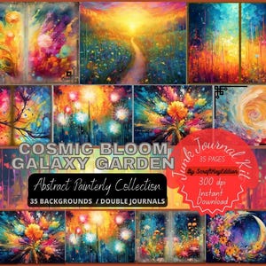 Painterly Galaxy Garden Digital Paper Cosmic Florals Abstract Rainbow Background Star Landscape Junk Journal Celestial Fantasy Printable Art