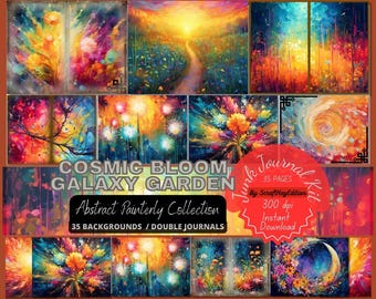 Painterly Galaxy Garden Digital Paper Cosmic Florals Abstract Rainbow Background Star Landscape Junk Journal Celestial Fantasy Printable Art