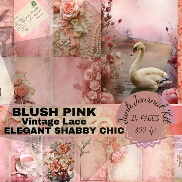 Elegant Shabby Chic Blush Pink Vintage Lace Digital Download Printful Giftful Papers Vintage Junkjournal Ephemera Junkjournaling Kit Pages