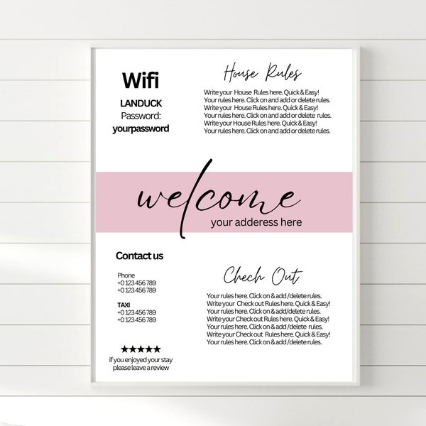PLANTILLA DE BIENVENIDA de Airbnb Casa de alquiler, página de inicio de sesión de Airbnb 1, salida de invitado, regla de la casa para inquilino, póster en papel del cliente, letrero de información, rosa