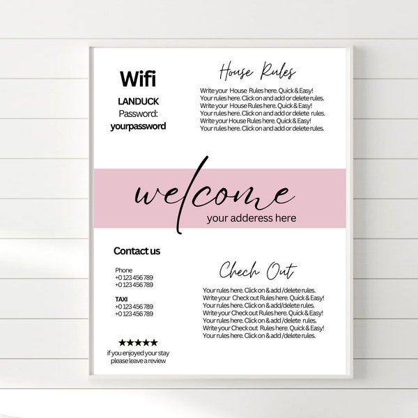 Airbnb WELCOME TEMPLATE Rental Home, Airbnb Sign 1 page, Guest Check out, House Rule for tenant, customer paper poster, info sign, Pink