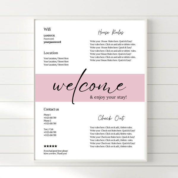 Airbnb WELCOME TEMPLATE Rental Home, Airbnb Sign 1 page, Guest Check out, House Rule for tenant, customer paper poster, info sign, Pink