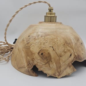 May include: A dome-shaped pendant light fixture crafted from light-colored wood with a natural grain pattern. The lamp features a brass-colored metal socket at the top and is connected to a twisted beige fabric cord with a black plug.