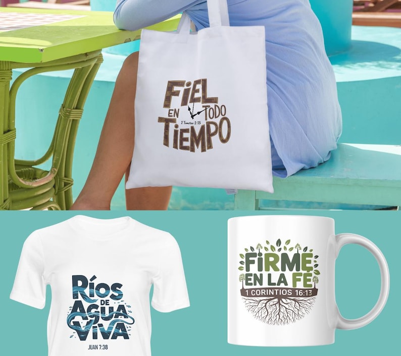 May include: Three white products with religious text in Spanish. A tote bag with the text "FIEL EN TODO TIEMPO", a t-shirt with the text "R&iacute;os de Agua Viva JUAN 7:38", and a mug with the text "FIRME EN LA FE 1 CORINTIOS 16:13".