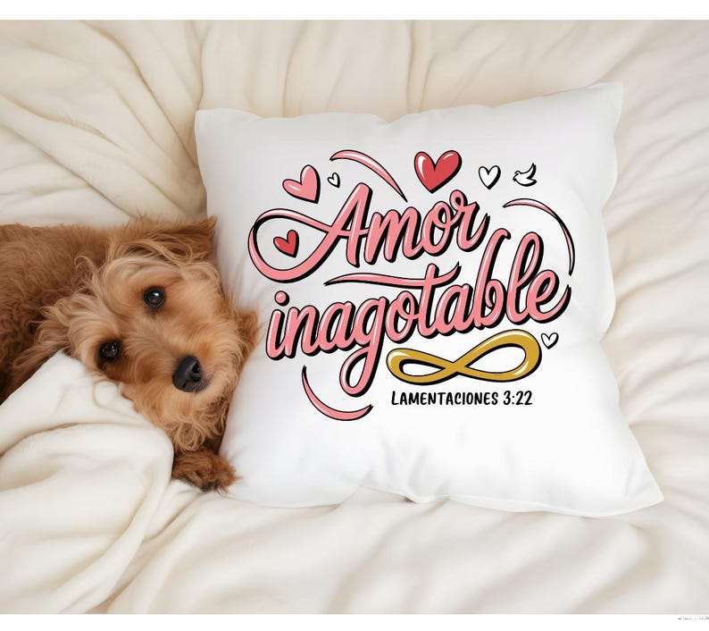 May include: White pillow with pink lettering that says "Amor Inagotable" with an infinity symbol and the text "Lamentaciones 3:22".