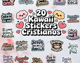 20 Spanish Christian Kawaii Stickers: Bible Verse Clipart (PNG)