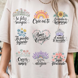 Floral Affirmations PNG: Spanish Positive Doodles, Boho Sublimation Design