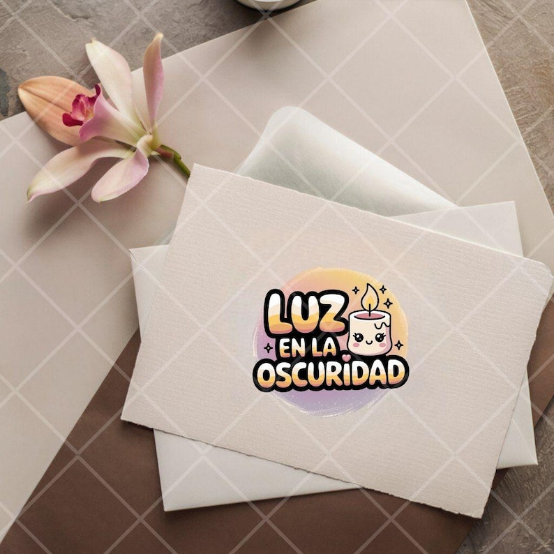 May include: A white card with a colorful sticker featuring a cartoon candle with a smiling face. The text on the sticker reads "Luz en la Oscuridad" which translates to "Light in the Darkness".