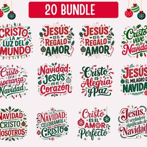 Op de afbeelding: Een verzameling van 20 kerstontwerpen met religieuze boodschappen in het Spaans. Elk ontwerp bevat feestelijke kleuren, decoratieve elementen en zinnen als "Cristo es la Luz del Mundo" en "Jesús es el Regalo de Amor."