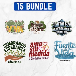 May include: A set of 15 colorful digital designs featuring Spanish text and bible verses. The designs include phrases like "Esperanza Viva", "Refugio Seguro", and "Fuente de Vida".