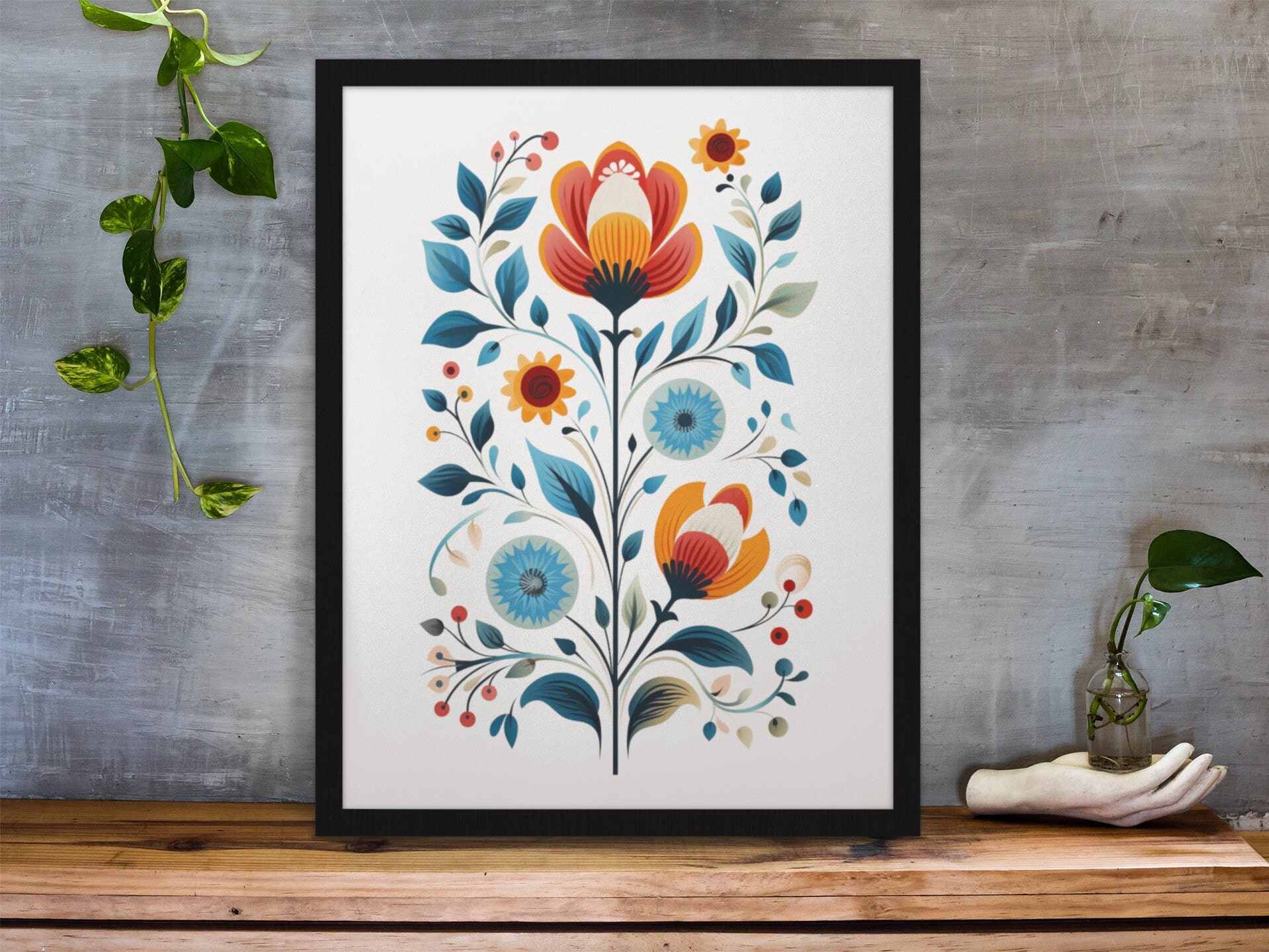 Scandinavian Folk Art Flower Wall Art Set of 6, Nordic Prints, Bedroom ...