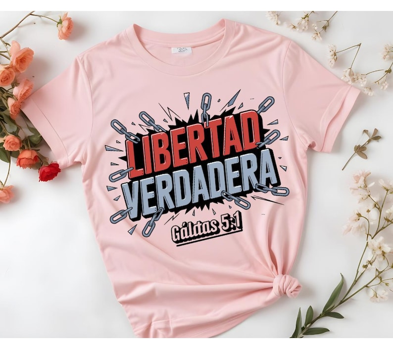 May include: Pink t-shirt with a graphic design that says "LIBERTAD VERDADERA" in red and black letters with a chain design around the words. The text "G&aacute;latas 5:1" is printed below the graphic.