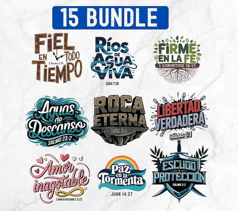May include: A set of 10 colorful digital designs featuring inspirational quotes in Spanish. The designs include phrases like "Fiel en todo tiempo", "Rios de agua viva", "Firme en la fe", "Aguas de descanso", "Roca eterna", "Libertad verdadera", "Amor inagotable", "Paz en la tormenta", and "Escudo proteccion".