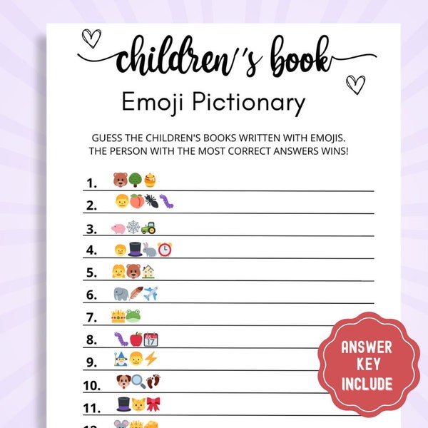 Children's Book Emoji Pictionary Game | Baby Shower Emoji Game | Emoji Pictionary | Baby Book Emoji Game | Baby Shower Games Printable |