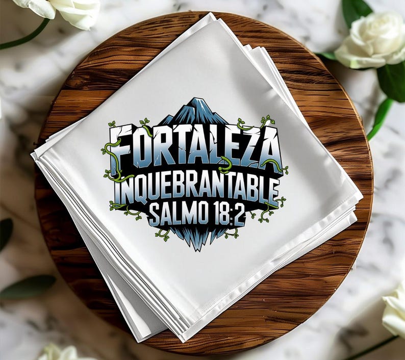 May include: A stack of white napkins with a blue and green graphic design featuring the text "FORTALEZA INQUEBRANTABLE SALMO 18:2".