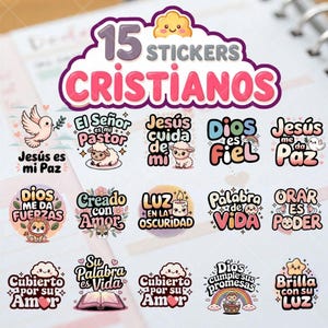 May include: A set of 15 colourful stickers with Christian themes. The stickers feature various illustrations and text in Spanish, including "Jesus es mi Paz", "Dios es Fiel", and "Creado con Amor".