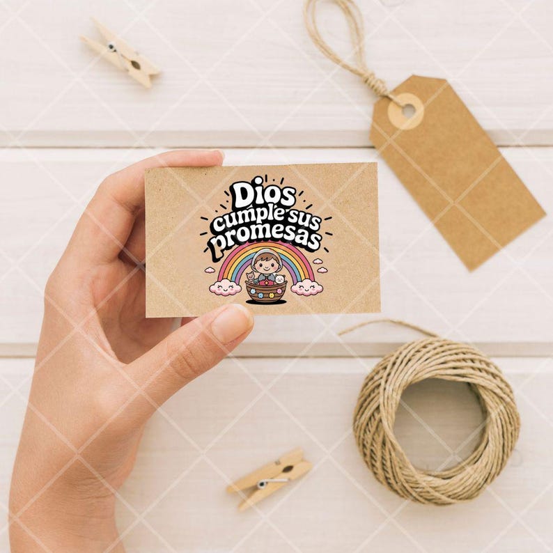 May include: A brown card with the text "Dios cumple sus promesas" in black and white lettering. A cartoon illustration of a child in a boat with a rainbow above.
