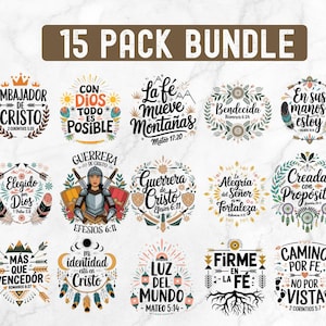 Op de afbeelding: Een set van 15 kleurrijke digitale ontwerpen met inspirerende citaten in het Spaans. Elk ontwerp bevat een bloemenkrans, een citaat en een bijbelvers. De citaten zijn: "Con Dios todo es posible", "La fe mueve montañas", "Guerrera de Cristo", "Más que vencedor", "Mi identidad está en Cristo", "Luz del mundo", "Firme en la fe", "En sus manos estoy", "Creada con propósito", "Camino por fe, no por vista", "Elegido por Dios", "Embajador de Cristo", "Bendecida", "Alegría del Señor fortaleza" en "Guerrera de Cristo".