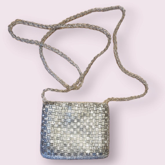 Vtg Beaded Small Crossbody Bag Silver small defec… - image 1