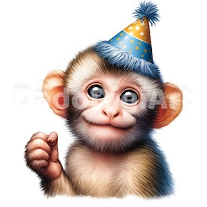 Happy Birthday Monkey Clipart - Flag, Printable, Watercolor, High Quality JPG, Digital Download, Junk Journal, Paper Craft, Commercial Use