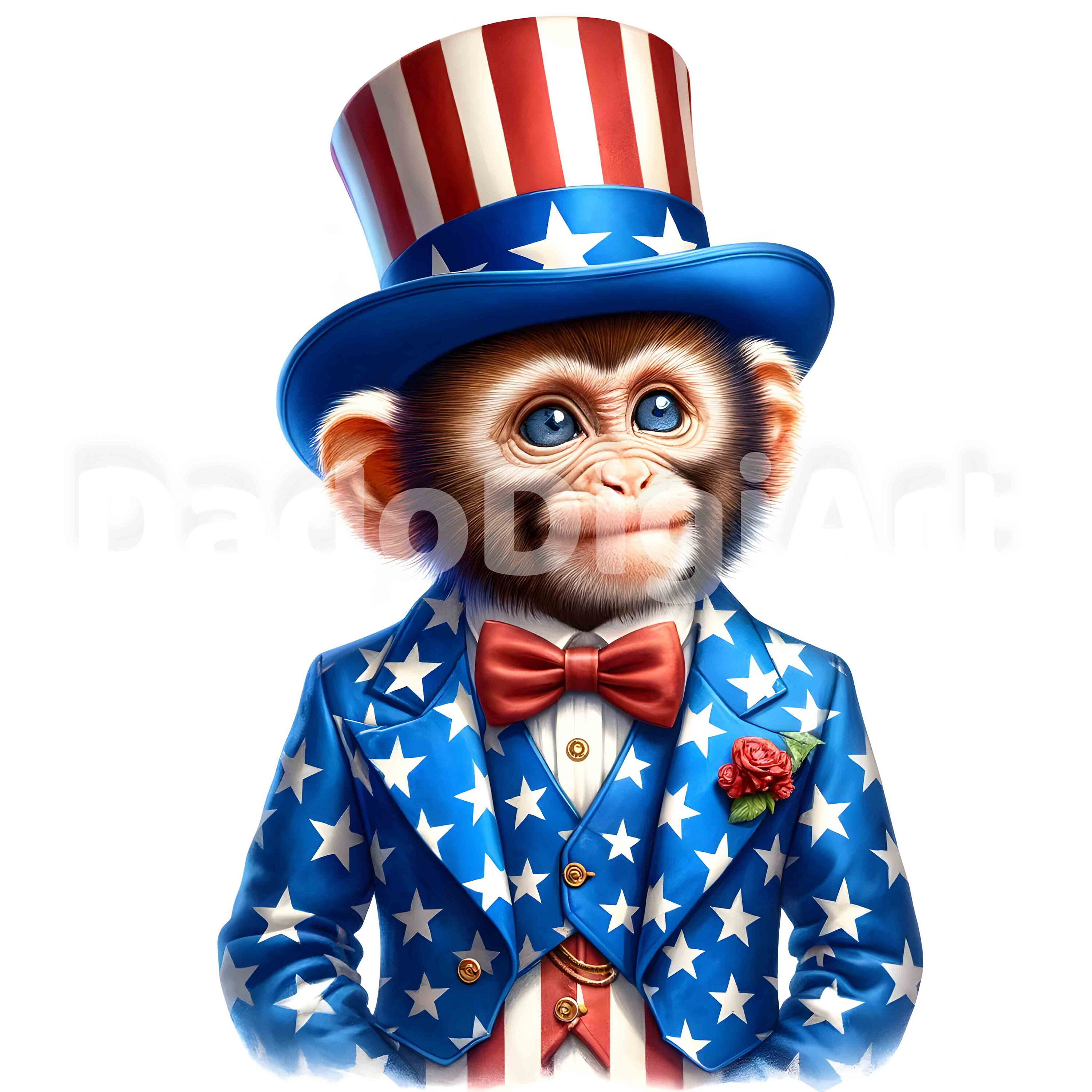 USA patriotic Monkey Clipart - Flag, Printable, Watercolor, High Quality JPG, Digital Download, Junk Journal, Paper Craft, Commercial Use
