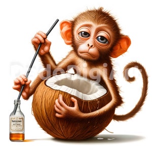 May include: A brown monkey with a long tail holds a cracked coconut in its hands. The monkey is using a straw to drink from a clear glass bottle with a brown liquid inside. The bottle has a label that reads "HOHERENY MICHOICE VODKA" in white text.