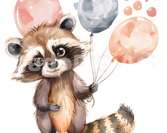 14 Funny Birthday Raccoons Clipart - Printable, Watercolor, High Quality JPGs, Digital Download, Junk Journal, Paper Craft, Commercial Use