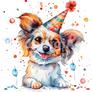 4 imágenes prediseñadas divertidas del perro del cumpleaños - imprimible, acuarela, JPG de alta calidad, descarga digital, diario basura, artesanía de papel, uso comercial