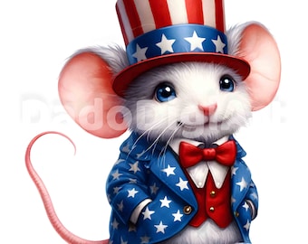 USA patriotic Mouse Clipart - Flag, Printable, Watercolor, High Quality JPG, Digital Download, Junk Journal, Paper Craft, Commercial Use