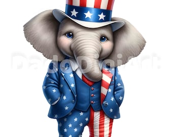 USA patriotic Elephant Clipart - Flag, Printable, Watercolor, High Quality JPG, Digital Download, Junk Journal, Paper Craft, Commercial Use