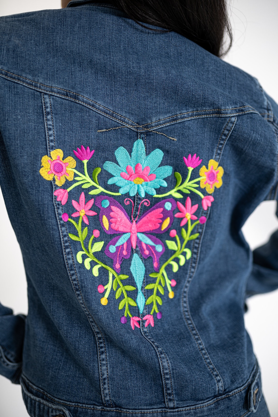 Denim Jacket for Women With Embroidered Back, Mexican Flower - Main Image