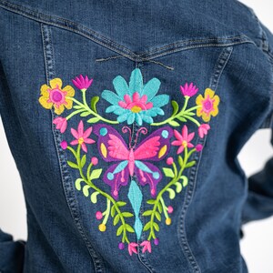 Denim jacket for women with embroidered back, Mexican flower design.