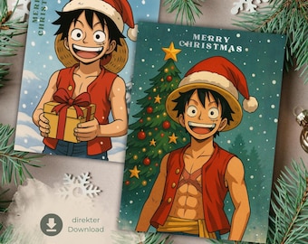 Scarica: Anime Merry Christmas Monkey D. Luffy Design, biglietto di Natale stampabile, PDF, stampa istantanea, stampabile, illustrazione del personaggio anime