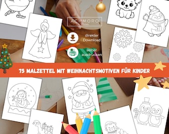 May include: A set of 75 printable Christmas coloring pages for kids. The pages feature a variety of Christmas themes, including Santa Claus, penguins, snowmen, angels, and reindeer. The pages are black and white and ready to be colored.