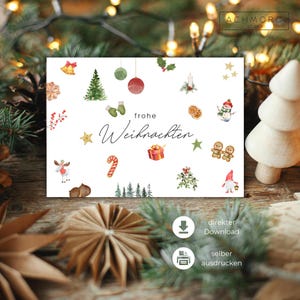 Download: Christmas card Merry Christmas | colorful minimal aesthetic Christmas motifs watercolor | Postcard A6 / folding card to print