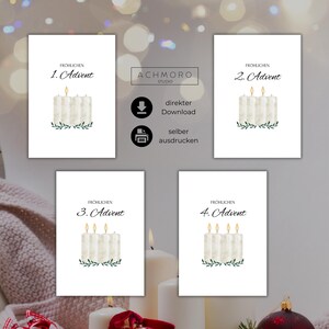 Può includere: Quattro carte stampabili con sfondo bianco e un'illustrazione ad acquerello di quattro candele con foglie verdi. Il testo sulle carte recita "Frohlichen 1. Advent", "Frohlichen 2. Advent", "Frohlichen 3. Advent" e "Frohlichen 4. Advent".