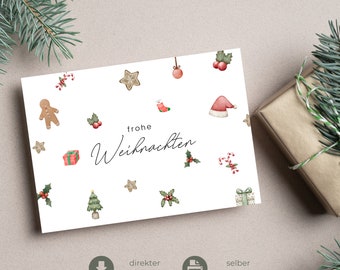 Download: Weihnachtskarte Frohe Weihnachten | minimal ästhetisch aquarell Motive | Postkarte A6 / Faltkarte zum Ausdrucken