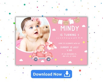 EDITABLE Cute Pink  Baby's First Birthday Party Invitation, Printable 1st Photo Invite Template, Boho Girl, One Instant download