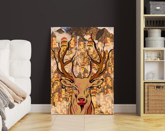 Arte de impressão em tela de cervos, tela de cervos com videiras, decoração de parede, decoração de casa, impressão de pôster de cervos, arte de parede imprimível, arte de parede vintage