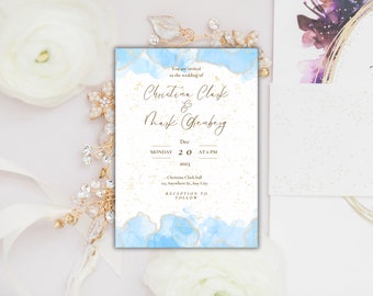 Blue and gold marble wedding invitation,  Editable marble wedding invite, Blue and gold wedding stationery, Elegant blue and gold invitation