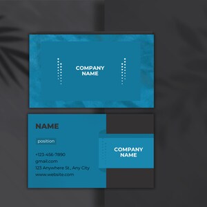 May include: A teal and grey business card design. The card displays the text "COMPANY NAME", "NAME", "position", a phone number, email, address, and website. The design incorporates a textured background and a minimalist dot pattern.