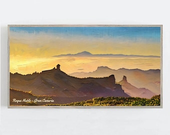 Spectacular painting of the most famous rock and volcano in the Canary Islands. Roque Nublo painting. Perfect wall decoration. Unique gift.