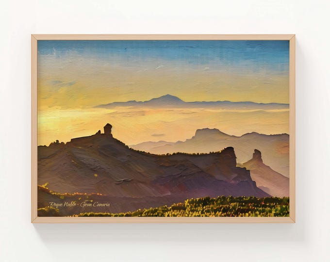 Featured listing image: Roque Nublo Painting, Canary Islands Landscape Wall Art, Cotton Canvas Print